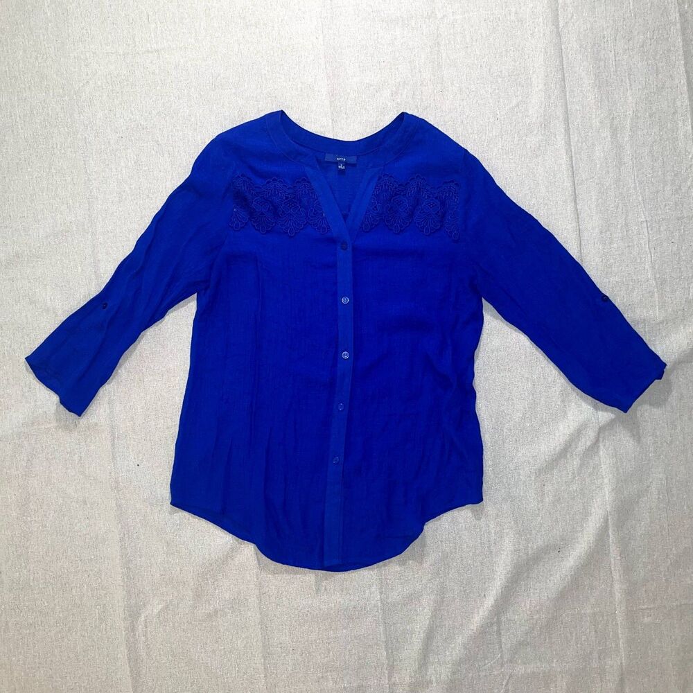 Apt. 9 | Blue Lace Yoke Roll Tab Sleeve Blouse | Large